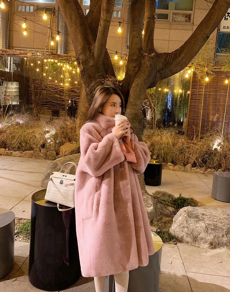 Повседневный стиль, теплая верхняя одежда, зимняя женская шуба из искусственного меха, толстое длинное пальто с мишкой Тедди,, модное женское розовое пальто
