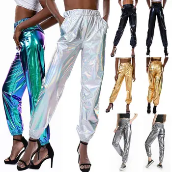 

Fashion Smoothy Reflective Women High Waist Metallic Shiny Jogger Casual Holographic Color Streetwear Pants