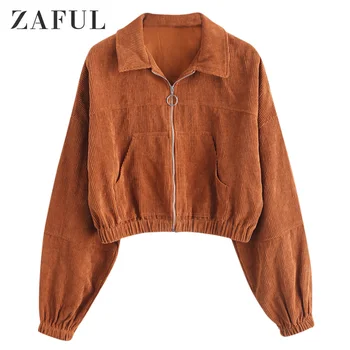 

ZAFUL Zip Up Coats Corduroy Pocket Pull Ring Drop Shoulder Jacket Women Wide-waisted Turn-down Collar Pockets Outwear Streetwear