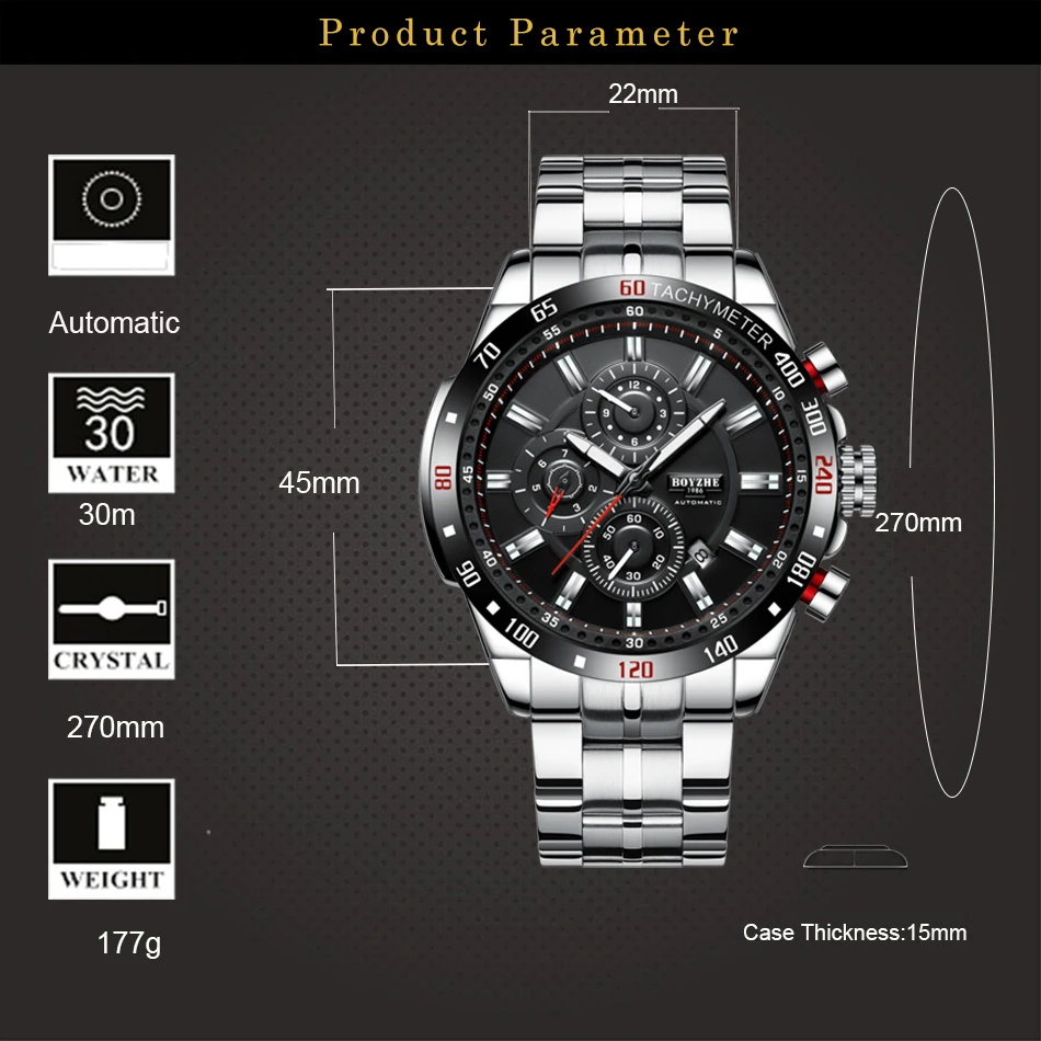 BOYZHE Men Sport Watch Automatic Mechanical Wrist Watch Week Month Calendar Display Luminous Hands Waterproof Watches for Men mechanical watch