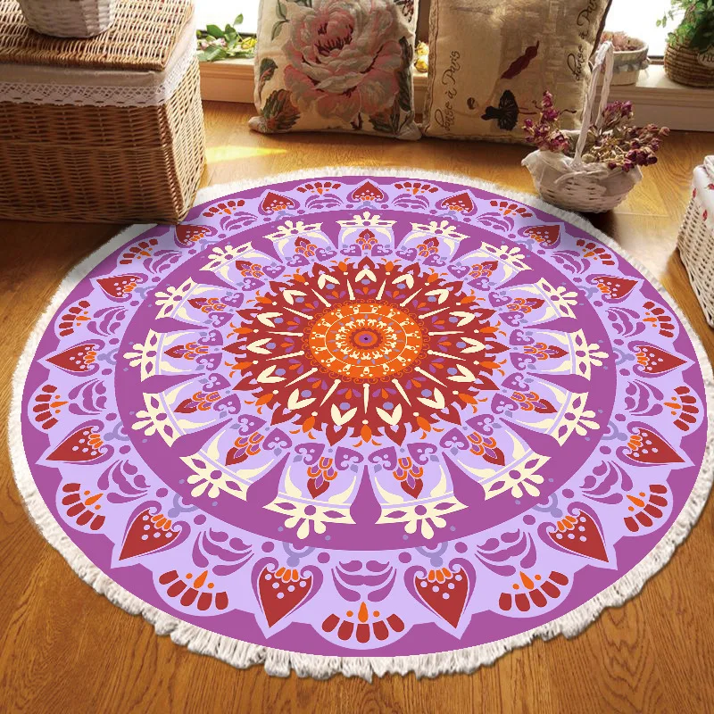 ​Home Decor Retro Bohemian Round Carpet Hand Woven Cotton Linen Carpet Rug Bedside Rug Geometric Floor Mat Living Room Carpet
