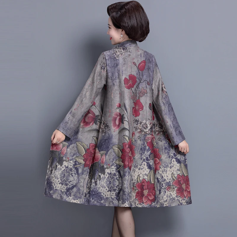 

Autumn Spring Womens Female Printed Floral Pattern Long Sleeve Suede Trench Coat , Fall Vintage 4xl 5xl Flower Coats for Women