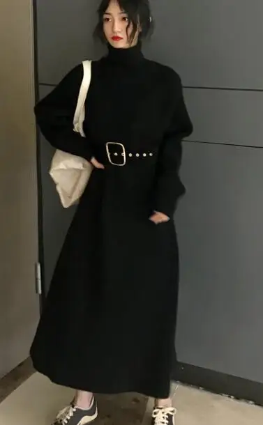 Большой размер осень зима черный водолазка длинный свитер платье с поясом женский толстый пуловер Джемпер платья размера плюс свободный - Цвет: Черный