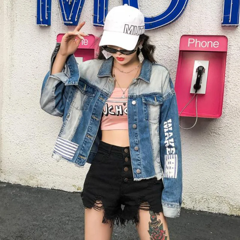 

2019 autumn new sequin embroidery stitching denim jacket top