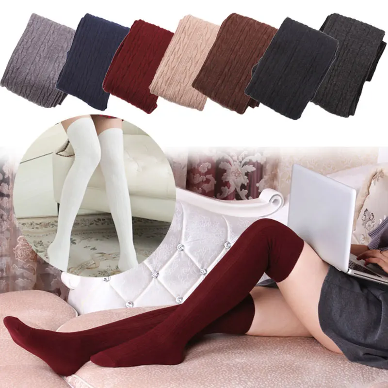 

Fashion Autumn Winter Women Wool Braid Over Knee Socks Thigh Highs Twist Hose Warm Stockings LF88