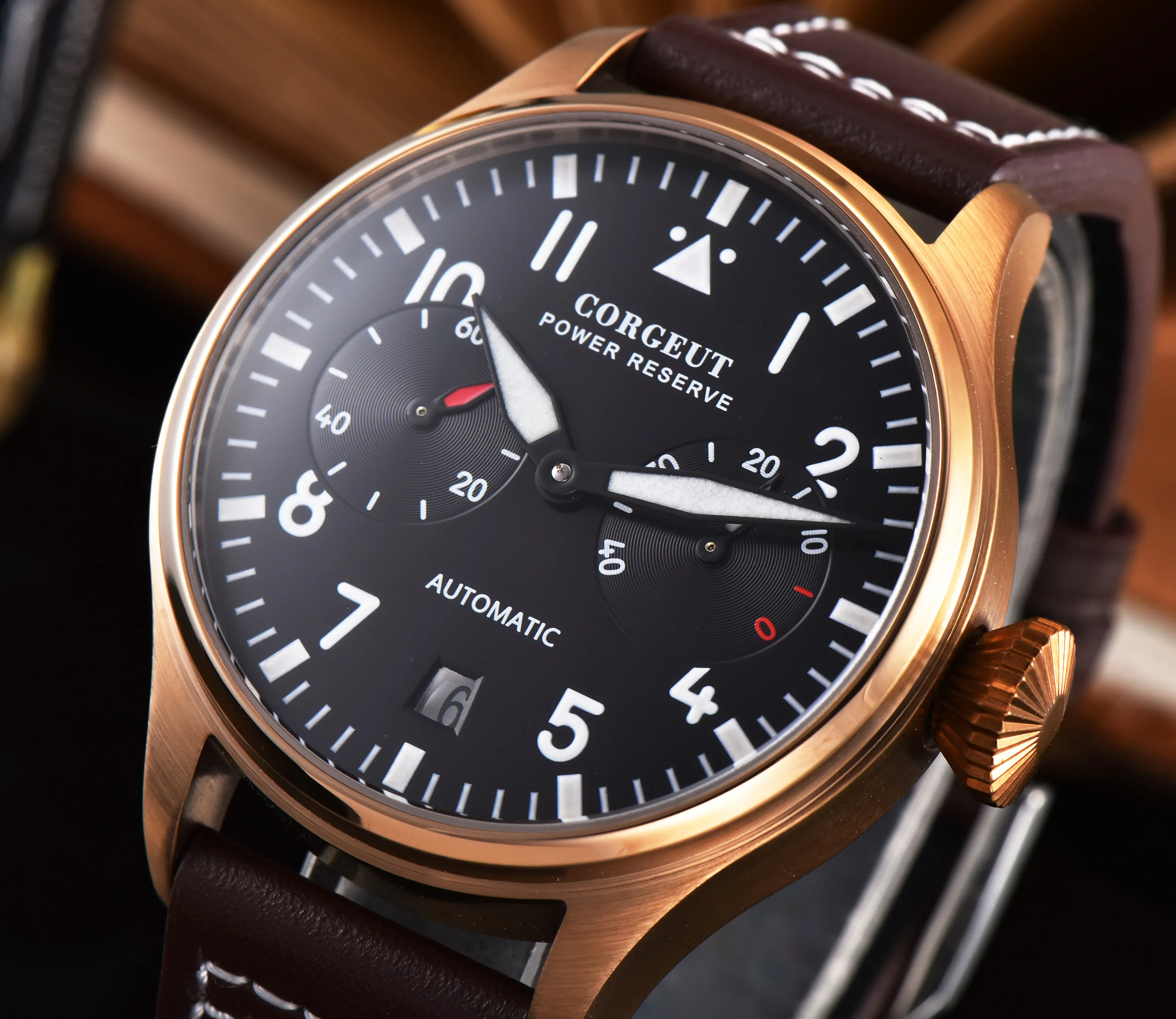 

Corgeut 42mm Black Dial Power Reserve Date Rose Gold Case Automaitc Men's Watch