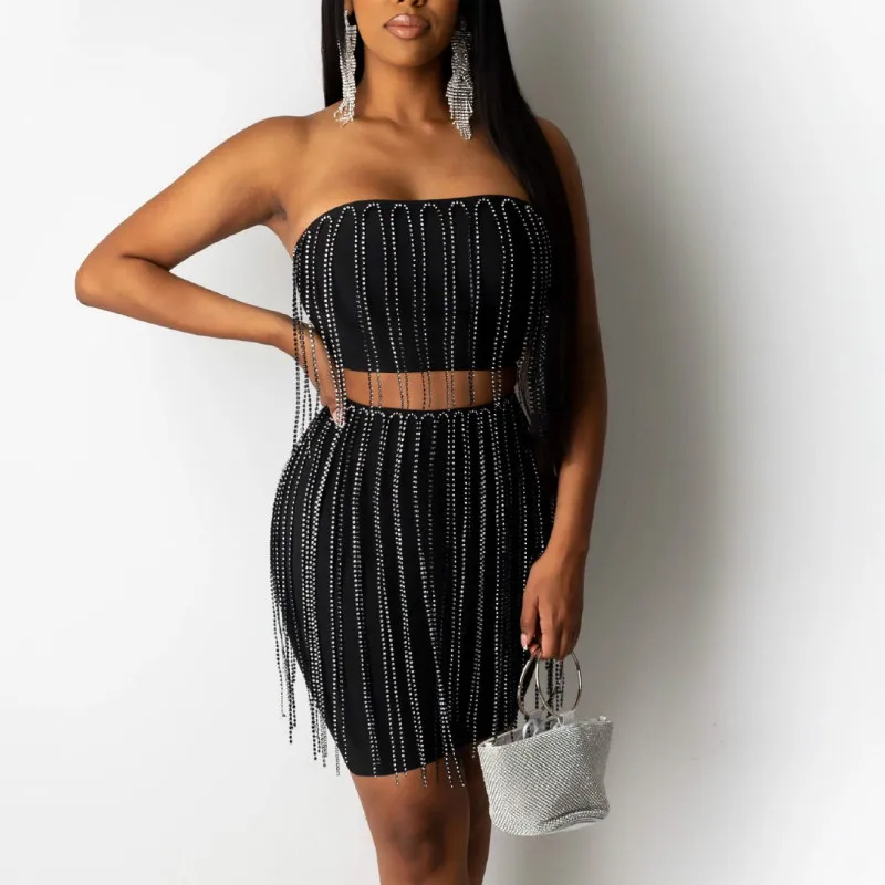 

Sexy Two Pieces Set Crop Tops Off Shoulder with Mini Skirts Bodycon Tassels Fringe Clubwear Nigh Date Out Women's Fashion Suits