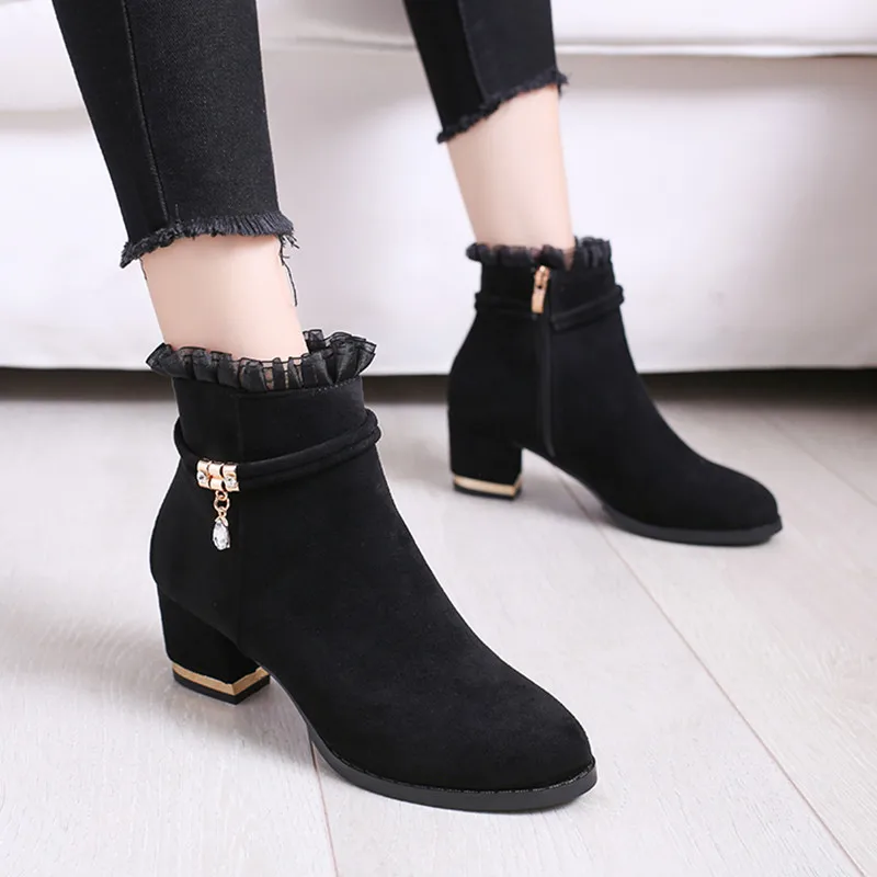 

Shoes Zipper Martins For Women Lady Boots Bootee Woman 2019 Luxury Designer Chunky Heel Rock Ladies Ankle High Heel Pointy