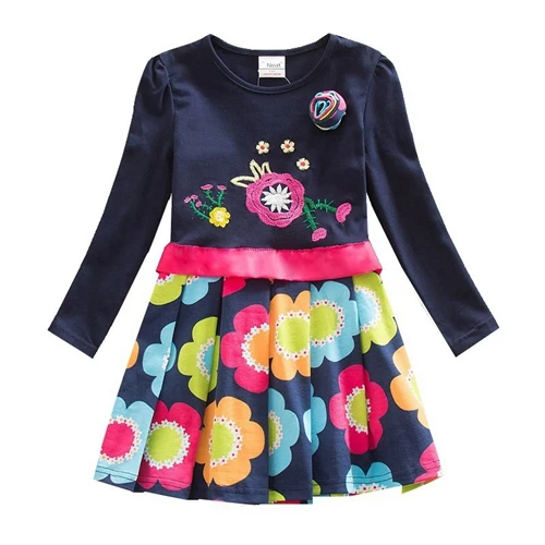 Girls Long Sleeve Dress Little pony Dress Spring Autumn Cotton Embroidered Girl Flowers for Kids Wearing Girls Dresses H6480D - Цвет: LH5868 navy