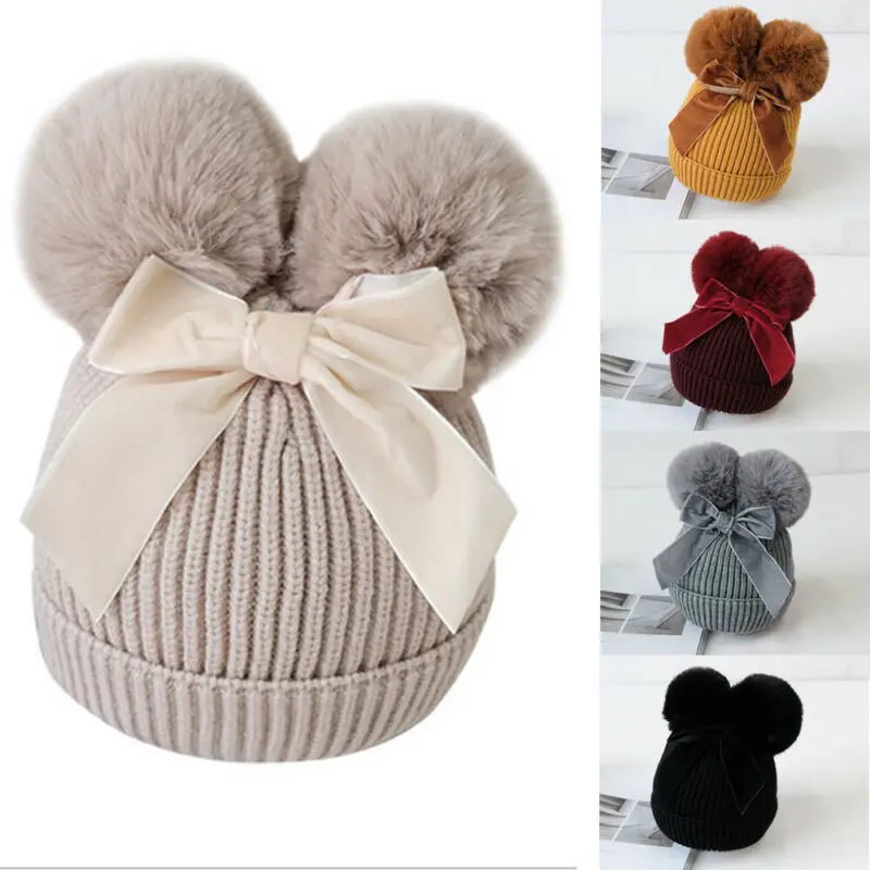 Детские вещи, шапка с двойным помпоном, зимняя вязаная шапка для маленьких девочек, теплая плотная детская Младенческая шапочка, шляпа-шлем Enfant