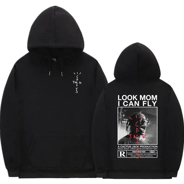 Cactus Jack Hoodie Men Women Double-sided Logo Print LOOK MOM I CAN FLY Travis Scott Hoodies Unisex Fashion Hip Hop Streetwear Q02158-black