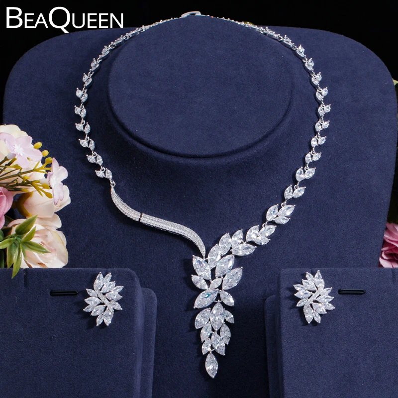 

BeaQueen Clear Cubic Zircon Ice Flower Long Leaf Pendant Drop Necklace and Earring African Dubai Wedding Dress Accessories JS025