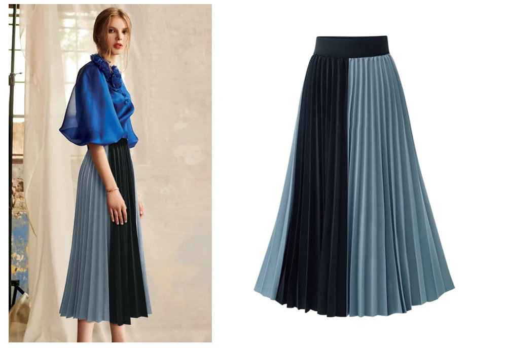 High-waisted Mid-length Mixed Colors Pleated Skirt