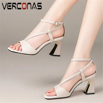 

VERCONAS 2020 Woman Pumps Genuine Leather Summer Woman Sandals Consic Shoes Square Toe Square Heeles High Heeled Shoes Woman