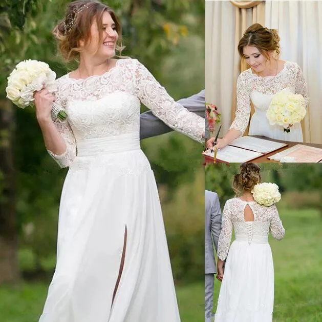 

2021 Bohemian A-line Wedding Dress sexy lace chiffon side split Bridal Gown boho 3/4 sleeves wedding gowns Open Back lace up