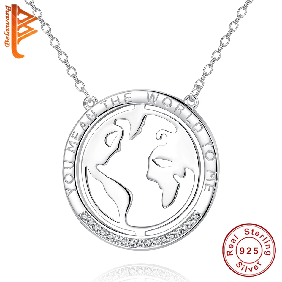 

BELAWANG 2019 New Fashion World Map 100% 925 Sterling Silver Necklace for Women Mom Anniversary Mother’ s Day Jewelry Gift