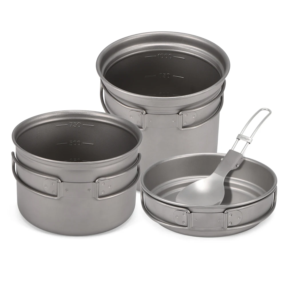 

Camping Titanium Cookware Set 1000ml 750ml Pot Pan Spork Set for Outdoor Camping Hiking Backpacking Picnic Cooking Equipment