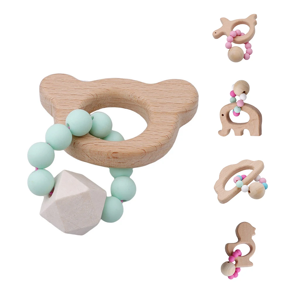 Wooden Animal Moon Shaped Bracelet Silicone Beads Rattle Baby Teething Toy