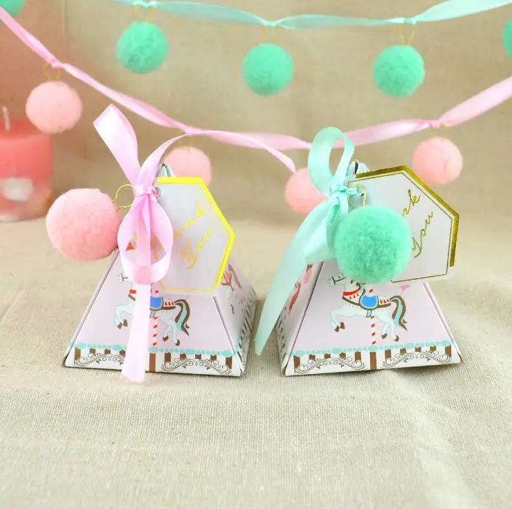 

New DIY 50pcs 7.2x7.2x8cm Carousel Favor candy Box and Bags Sweet Gift Candy Boxes for Baby Shower with Ribbon Wedding for 2019