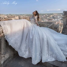 Adoly Mey lüks aplikler uzun kollu boncuklu A Line düğün elbisesi 2020 romantik Scoop boyun dantel Up Vintage gelin kıyafeti artı boyutu