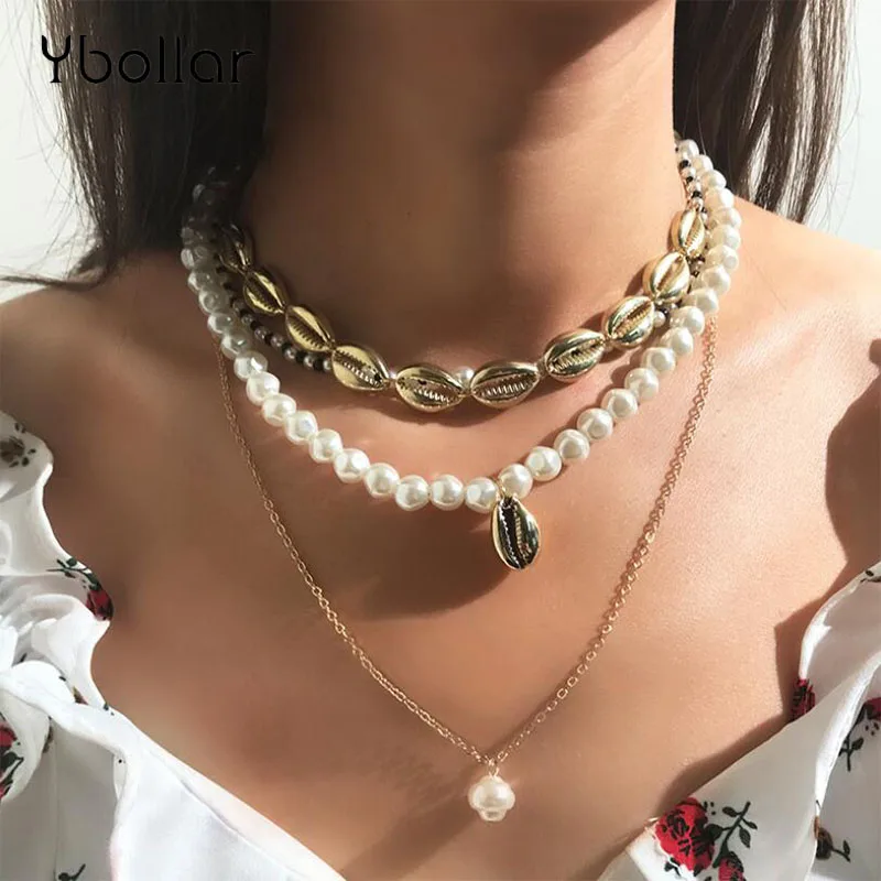 

Bohemian Statement Shell Multi-layer Necklaces For Women Choker Gold Chain Necklace Faux Pearl Beaded Beach Summer Jewelry