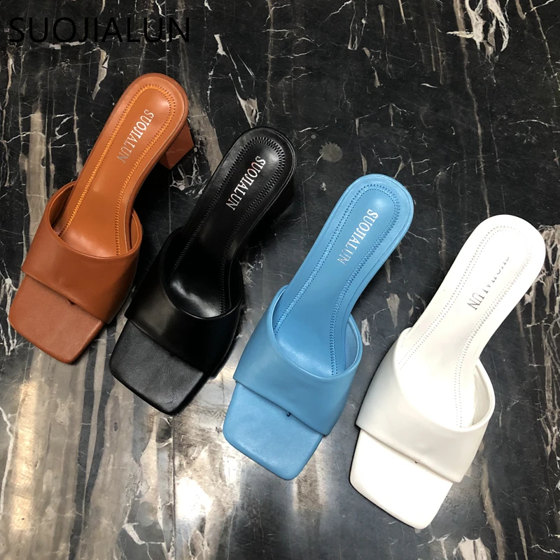 SUOJIALUN Sandalias de tacón alto y cuadrado para mujer, chanclas