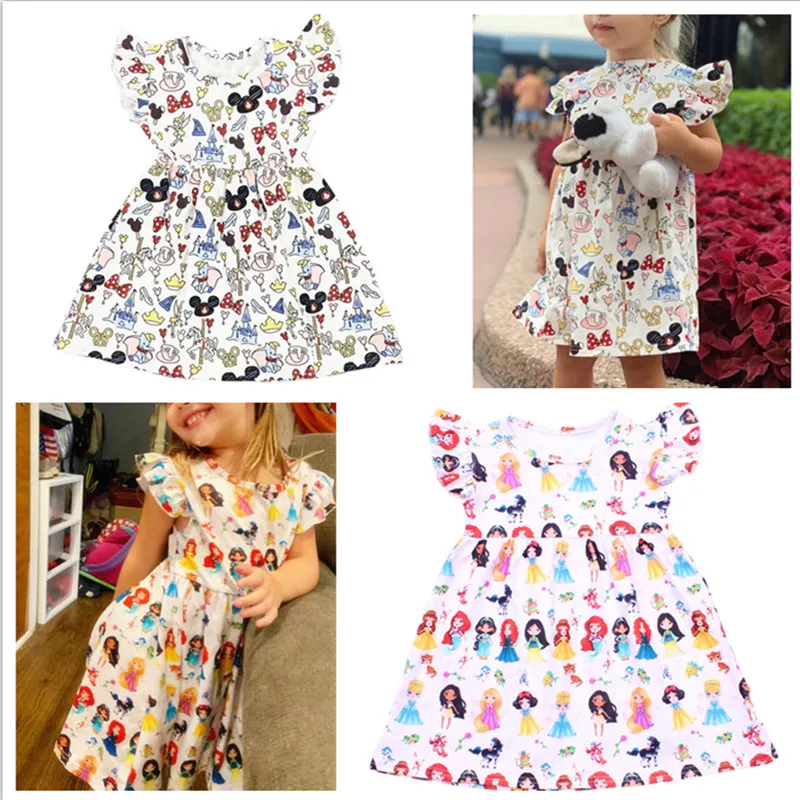 Платье принцессы для маленьких девочек; летнее платье Эльзы с рукавами-крылышками; платье для дня рождения из молочного шелка; платье с изображением Минни и единорога; одежда