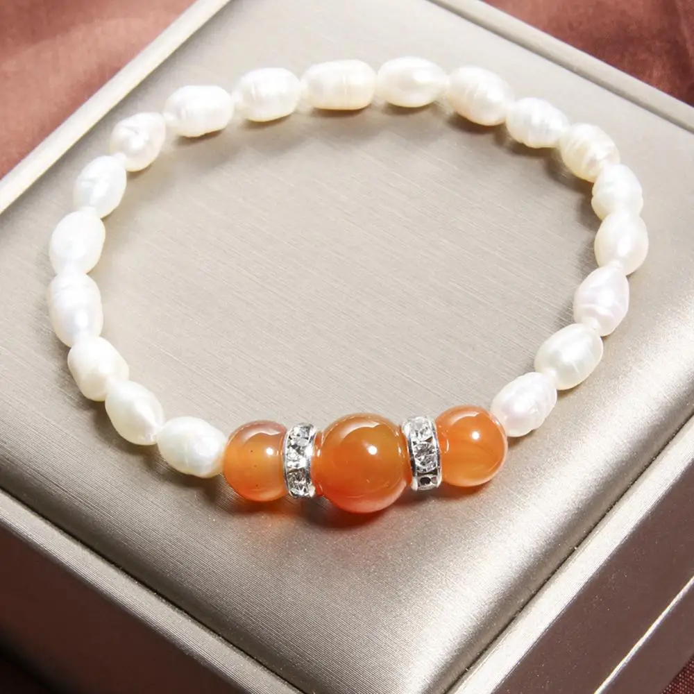 

SEVEN GIRL Baroque Freshwater Pearl Bracelet for Women Red Agate/Pine Natural Stone Charm Bracelet Gift Party Jewelry