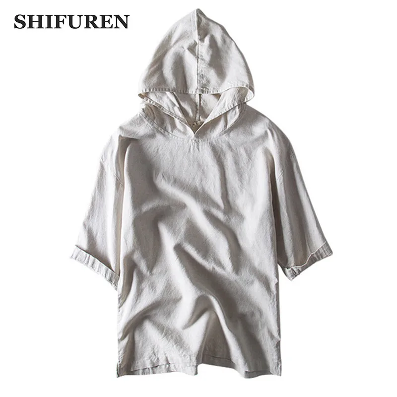 

SHIFUREN New Summer Hooded Shirts Men Cotton Linen Casual Blouses Shirt Half Sleeve Soft Breathable Male Colthing Solid Color