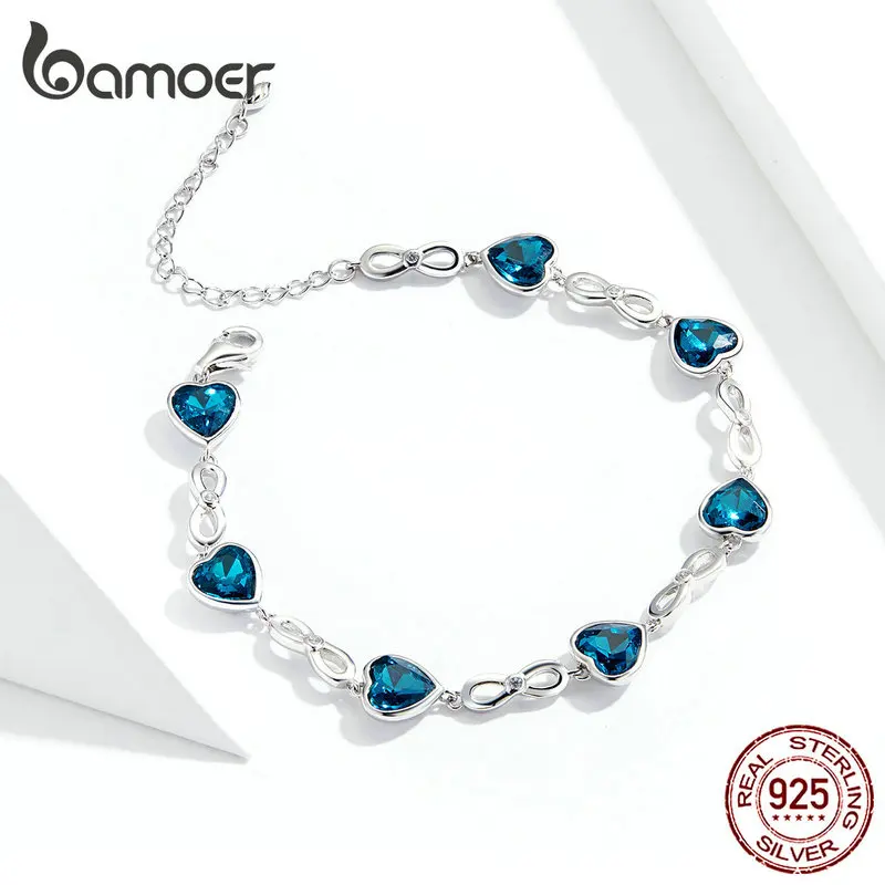 bamoer Sterling Silver 925 Chain Bracelet for Women Wedding Engagement Statement Jewelry Blue Heart Luxury Jewelry SCB163