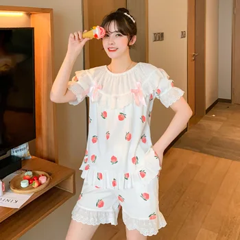 

Young Lady 2PCS Sweet Fruit Print Pajamas Set Cute Lace Cotton Patchwork Home Wear Sweet Bow Trim Sleepwear Summer Nightwear