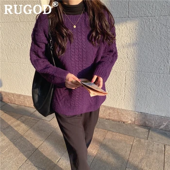 

RUGOD Korean chic twisted women sweater Vintage solid knitted pullovers female winter spring thicken casual purple sweaters