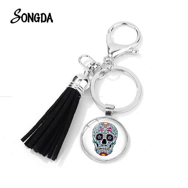 Punk Fashion Sugar Skull Keychain Mexican Day of The Dead Theme Glass Dome Leather Tassel Key Ring Handmade Bag Llaveros | Украшения и