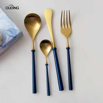 

Retro Cutlery Set Stainless Steel Blue Gold 4 Pcs Steak Knife Fork Spoon Western Dinnerware Set Reusable Tableware Set MM60CJ