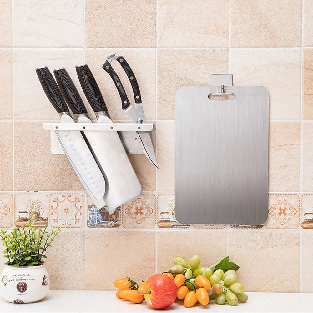 Heavy-gauge With Hooks No Drilling Wall Mount Kitchen Chopper Holder Stainless Steel Storage Rack Uncluttered Smooth Surface