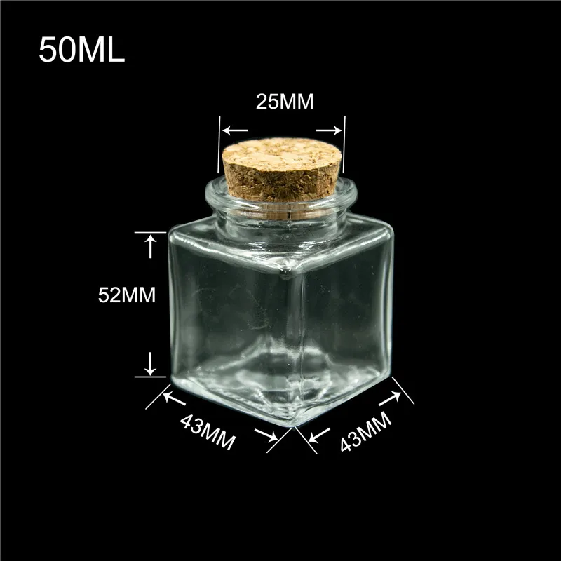 Small Square Bottle With Corks Clear Square Empty Glass Bottles glycyrrhiza sweets Food Grade Seal 50ml Jars Vials 24pcs 3