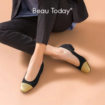 

BeauToday Shallow Pumps Women Genuine Cow Leather Cloth Round Toe Slip-On Spring Autumn Lady Low Heel Shoes Handmade 18034