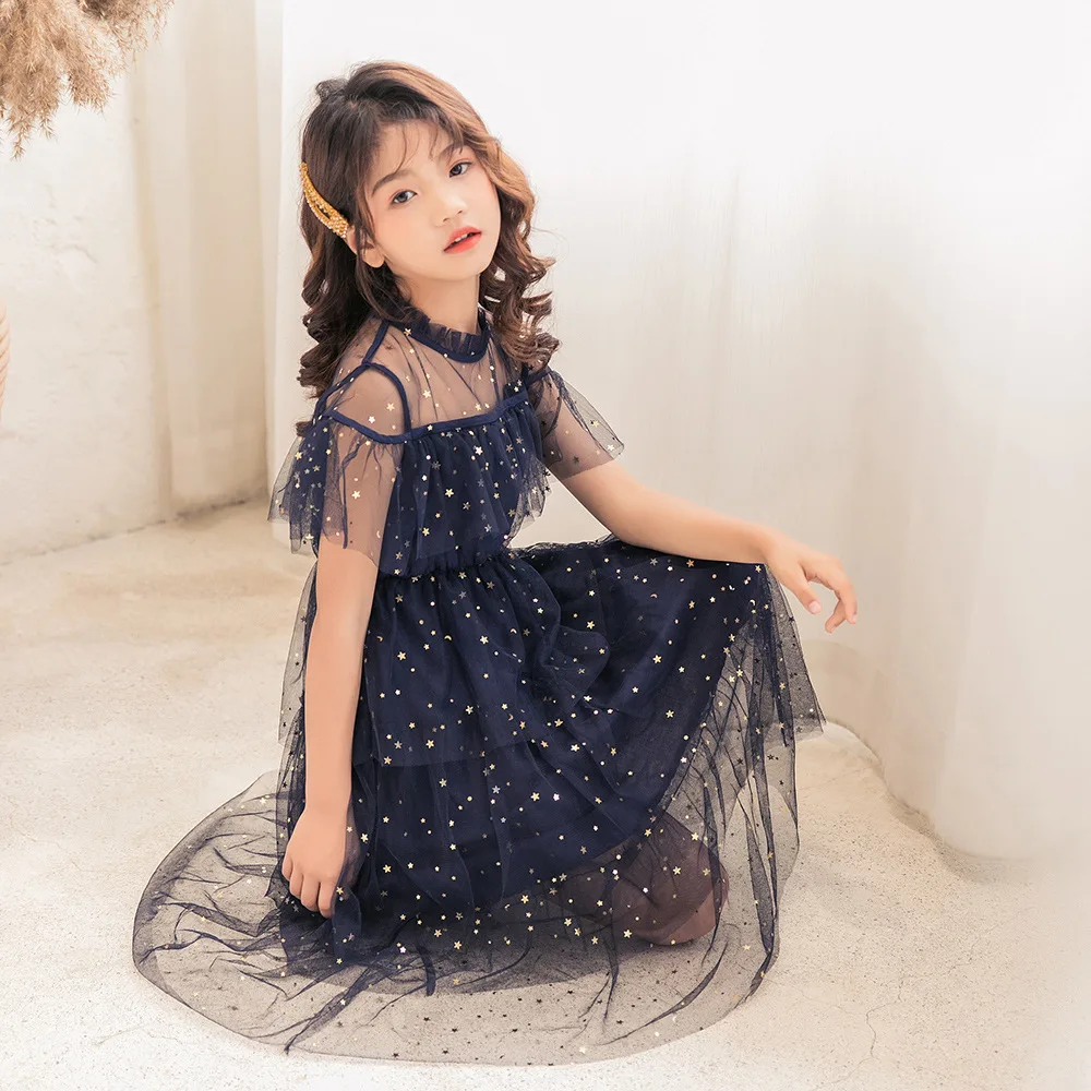 

Kids Dresses for Girls Dress Mesh Star Sequins Teenage Girls Princess Dress Summer Short Sleeve Children Costume 6 8 10 12 Year