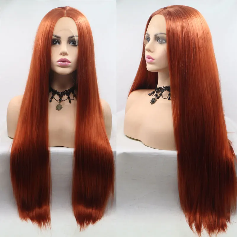 BM шелковистые прямые оранжевые красные синтетические волосы 13*3 ручная завязанная кружевная передняя часть парик термостойкие волокна волос для женщин парики на каждый день
