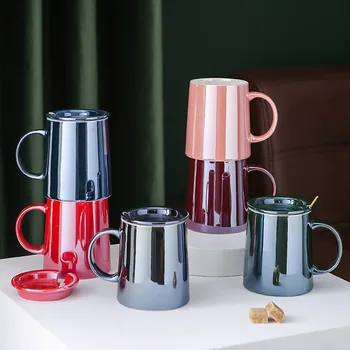 

European Style Light Luxury Color Glaze Ceramic Mug with Lid Creative Simple Aurora Home Office Restaurant Coffee Cup Water Cup