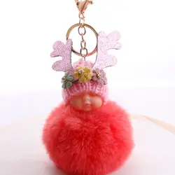 Супер милый розовый цветок рога брелок меховой шарик кулон сумка Ювелирные изделия Аксессуары подарок для женщины