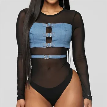 

Sexy Women Bodysuit Sheer Mesh Demin Patchwork Turtleneck Long Sleeve Bodysuit See Through Buckle Leotard Tops Clubwear Jumpsuit