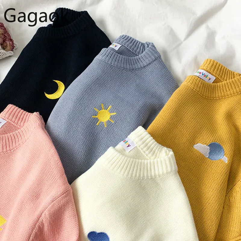 Gagaok сладкий вязаный свитер с вышивкой для женщин милый Солнце Луна Дождь Топ весна осень свободные Harajuku повседневная женская верхняя одежда пуловер