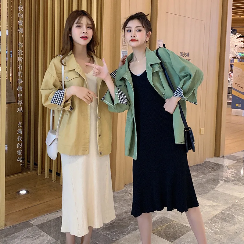 Джинсовое пальто для женщин, осень и зима, стиль, корейский стиль, гонконг стиль, свободный крой, простой стиль, в клетку, с прострочкой, длинный, Sle