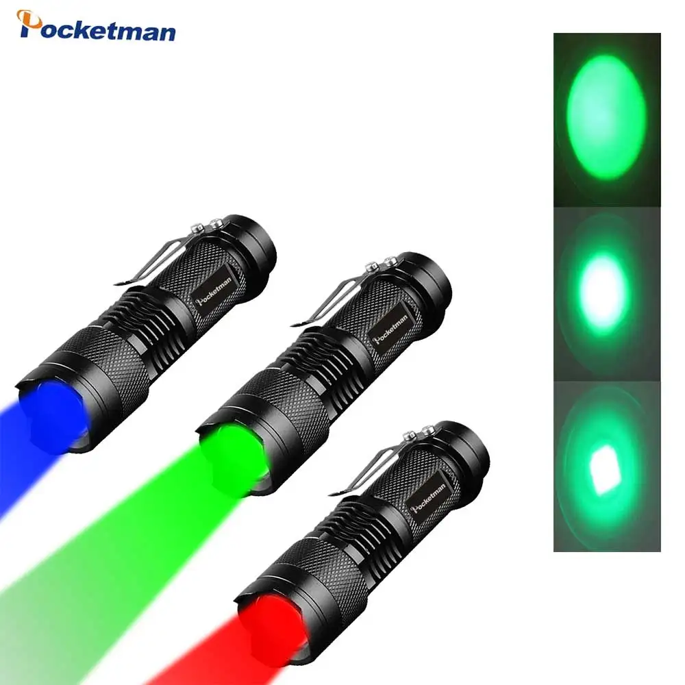 

800LM Ultra Bright Portable LED Flashlight Q5 LED Torch Light Adjustable Focus Red Green Blue Light Torch Eye Protection Lamp