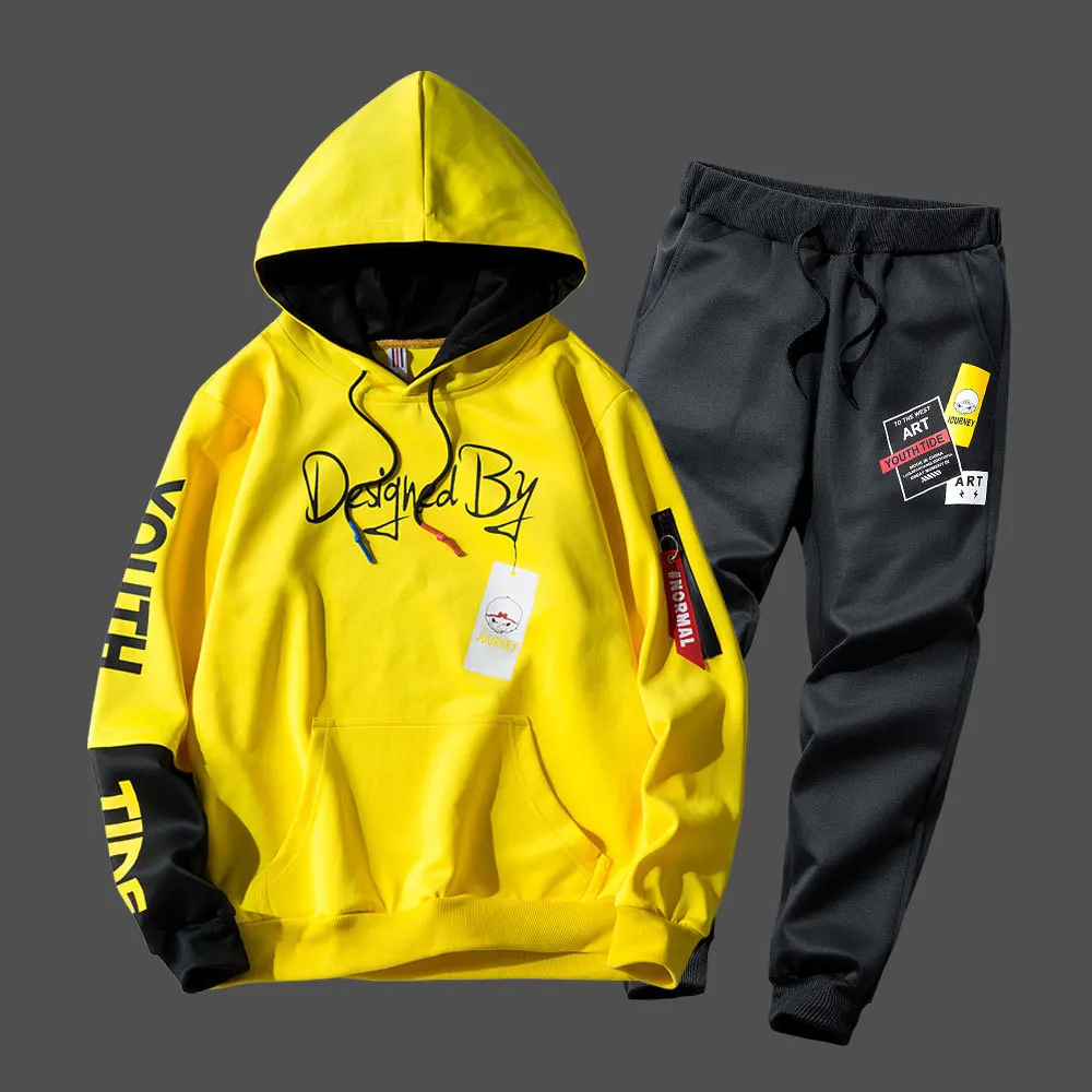Модные хип-хоп спортивная Для мужчин s из двух частей толстовка + брюки тренировочный комплект Повседневное Молодежный спортивный костюм