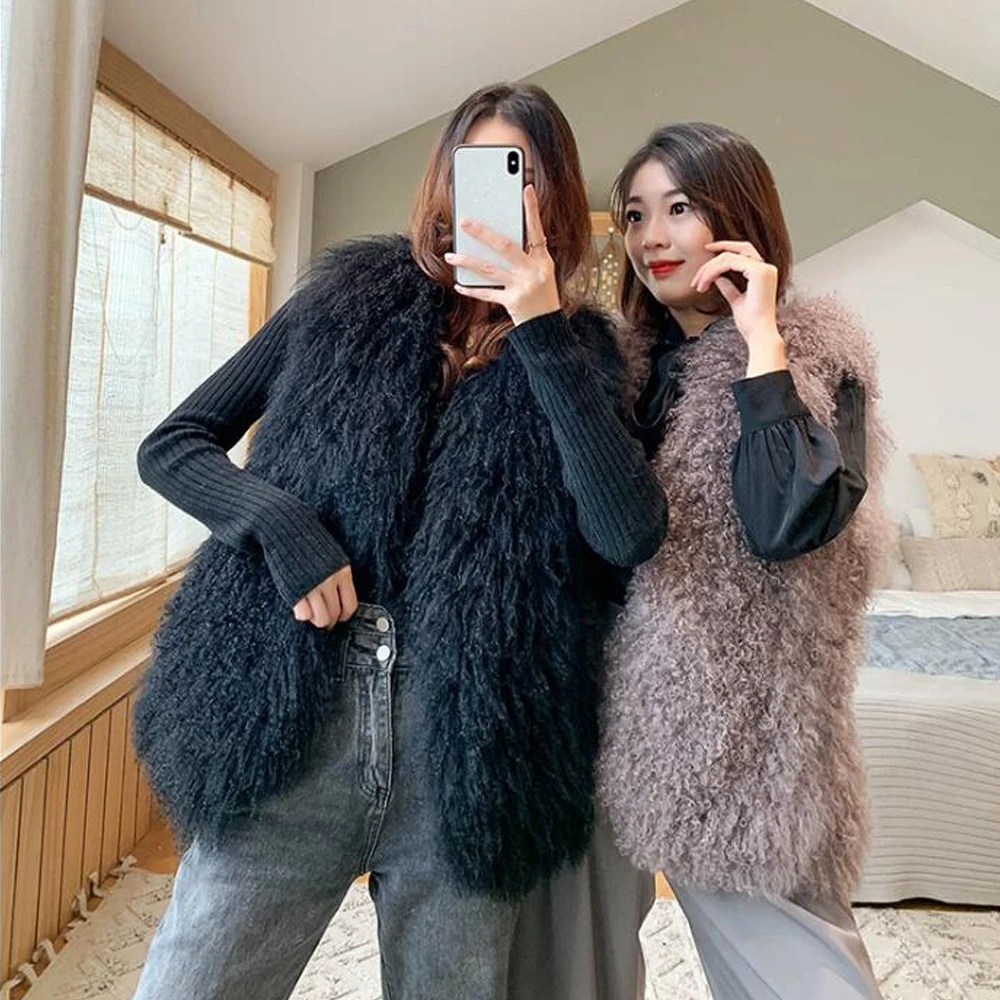 New Real Sheep Fur Vest 100% Natural Mongolia Fur Gilet Pure Long Fur Genuine Fur Oversize Vest ksr801