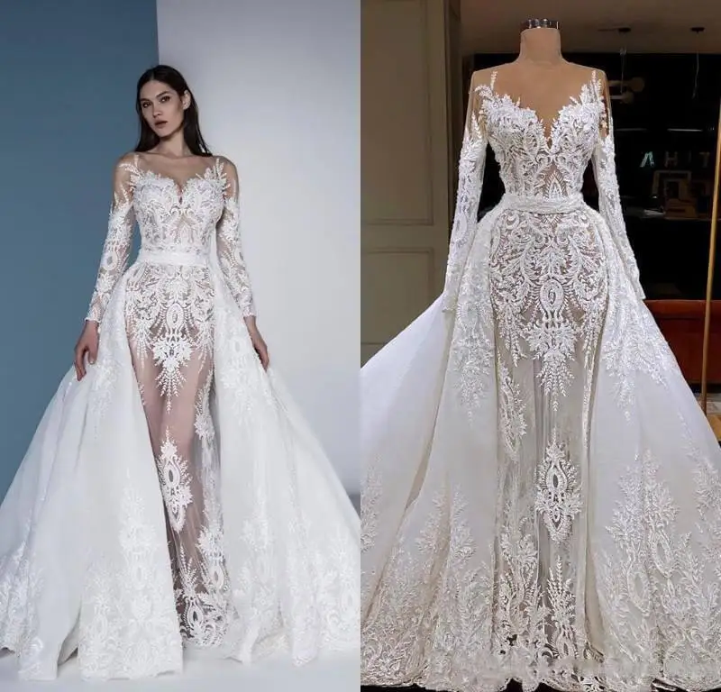 Vestido De Noiva Long Sleeve Mermaid Wedding Dress With Detachable Train Luxury Dubai Sheath Lace Appliqued Bridal Gown