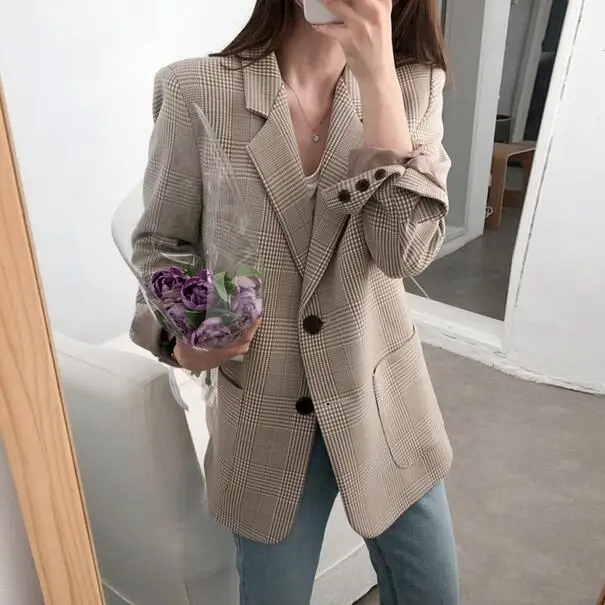 Винтажный женский однобортный пиджак в клетку осенний с карманами Ретро стиль 2020