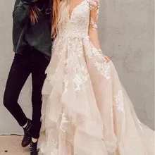 Свадебные платья с длинным рукавом V образным вырезом многоярусные юбки с кружевной аппликацией Очаровательные Длинные Свадебные платья vestido de noiva на заказ